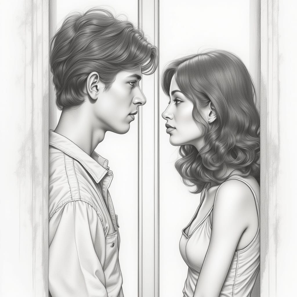 Pencil Sketch of Couple Separated by Glass Panel