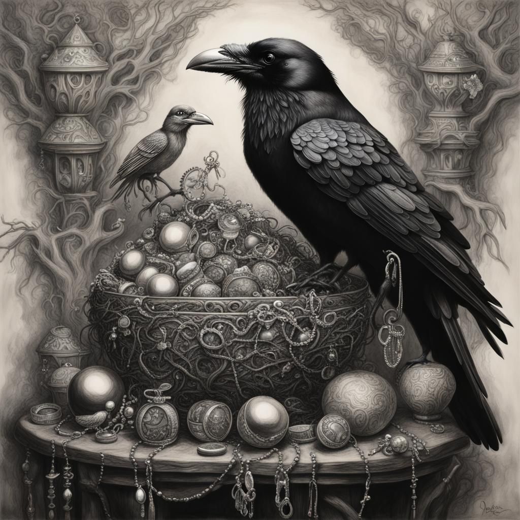 Raven King on Treasure Nest: Charcoal Drawing