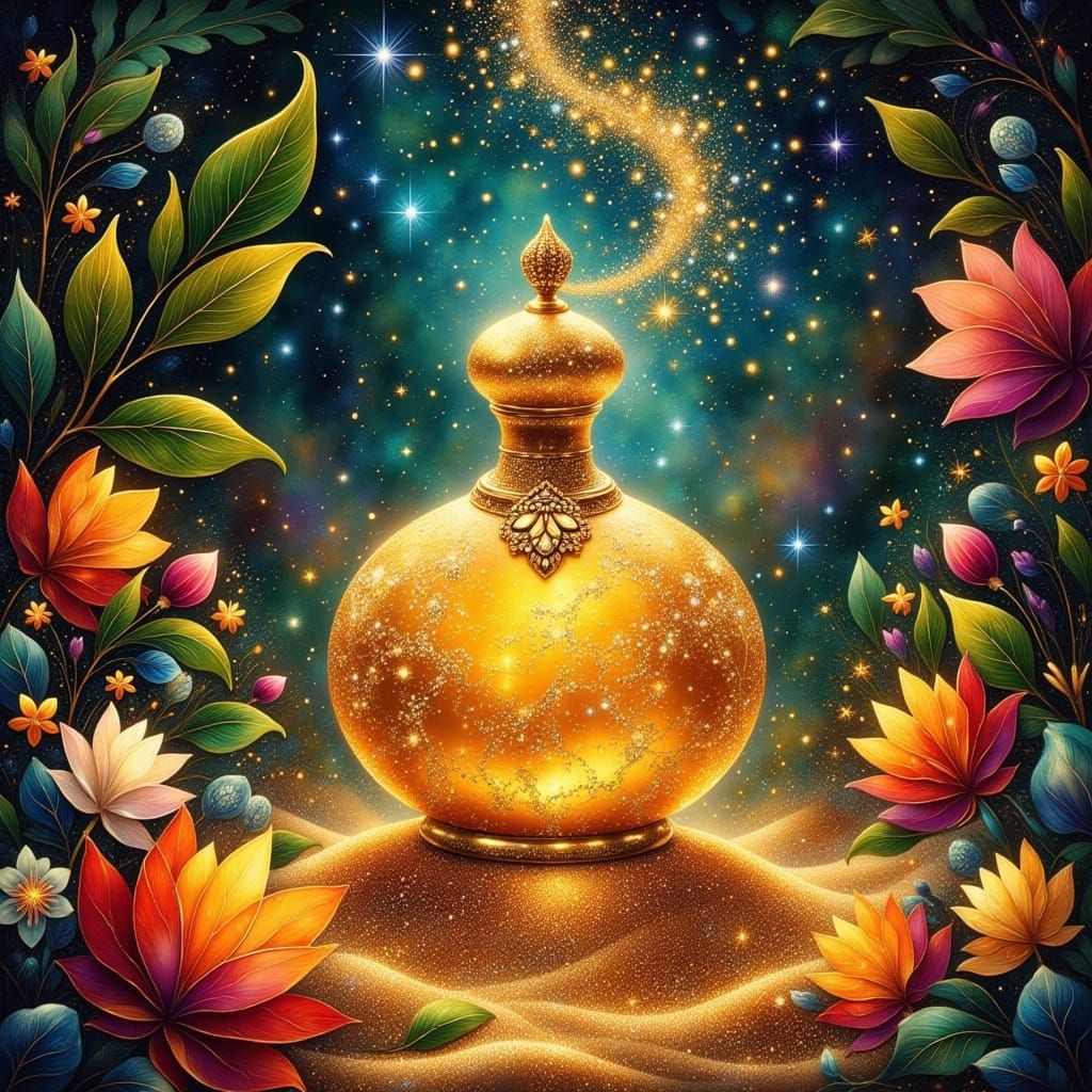 Golden Genie Bottle in a Cosmic Night Scene