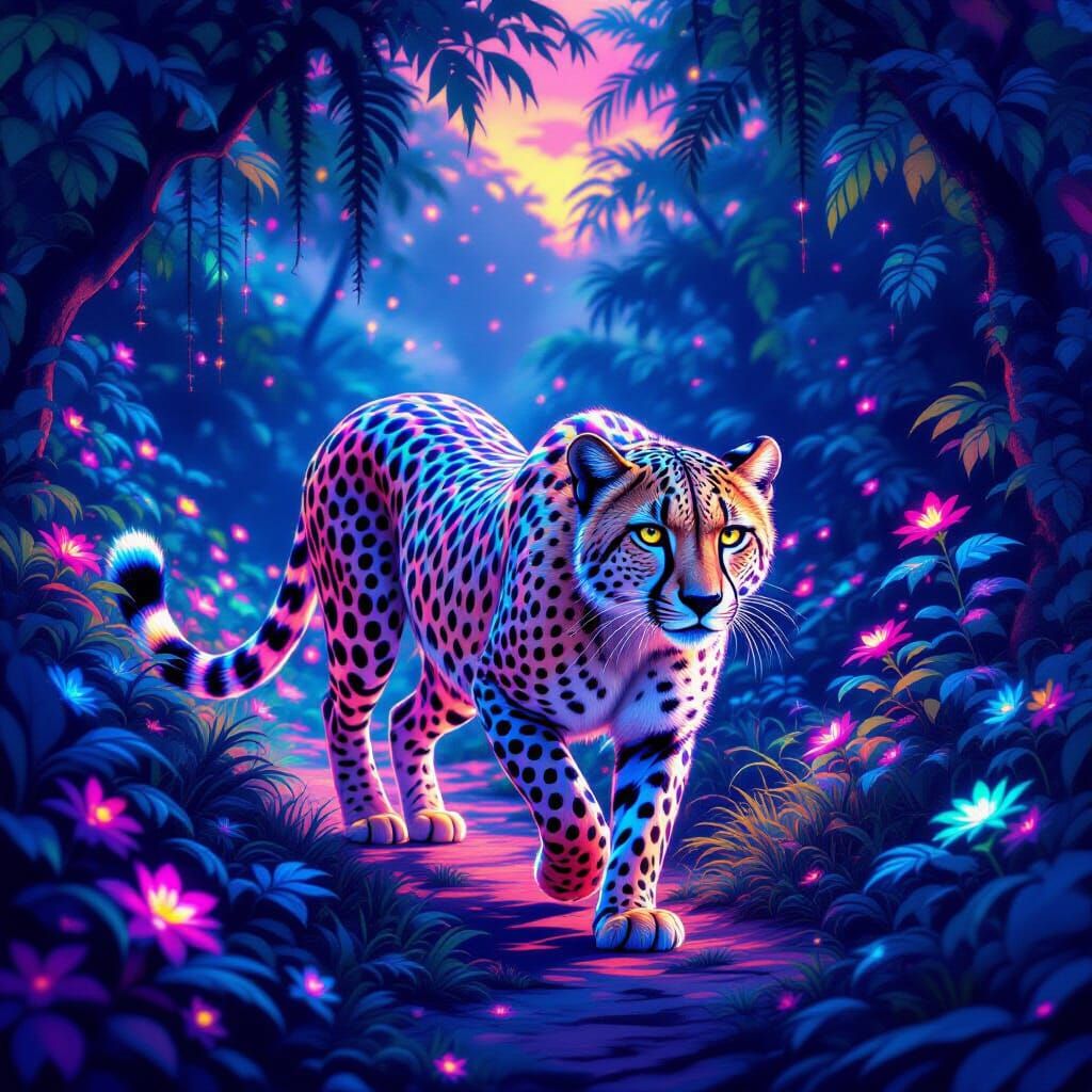 Iridescent Cheetah in Bioluminescent Jungle