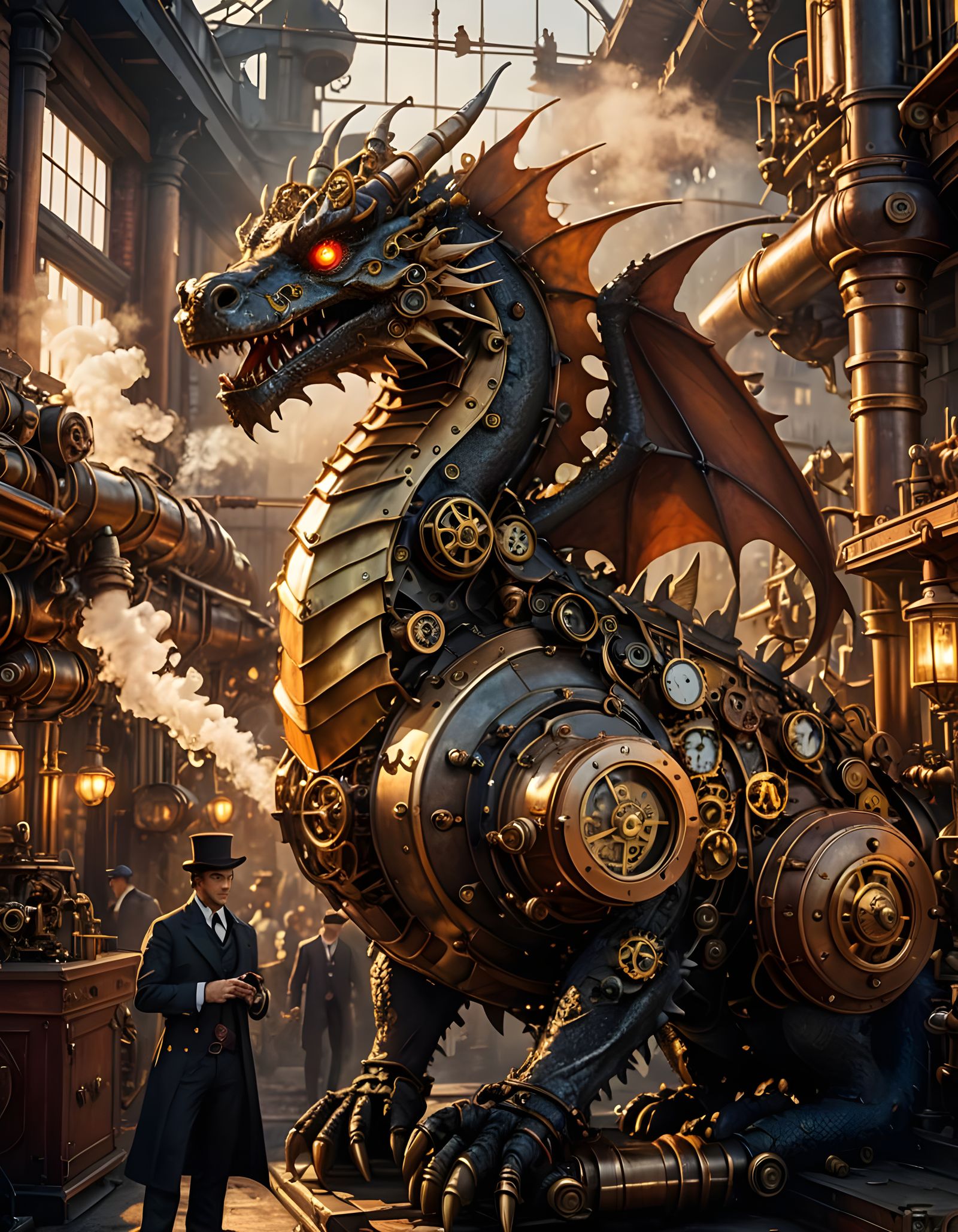 Steampunk Dragon in Dystopian Victorian Cityscape