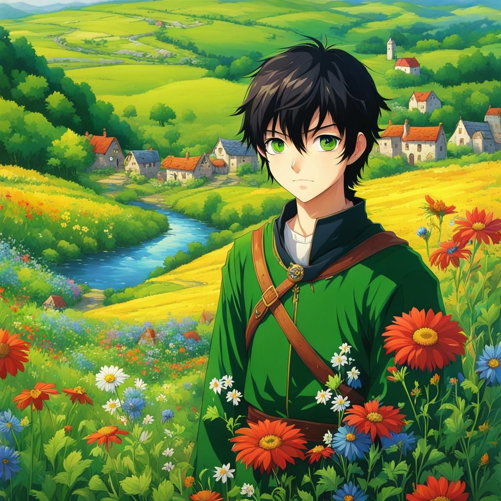 Anime Boy in Medieval Countryside Crossroads