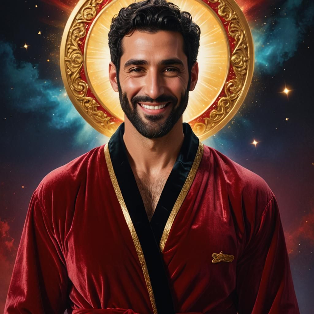 Radiant Man in Red Robe with Golden Halo