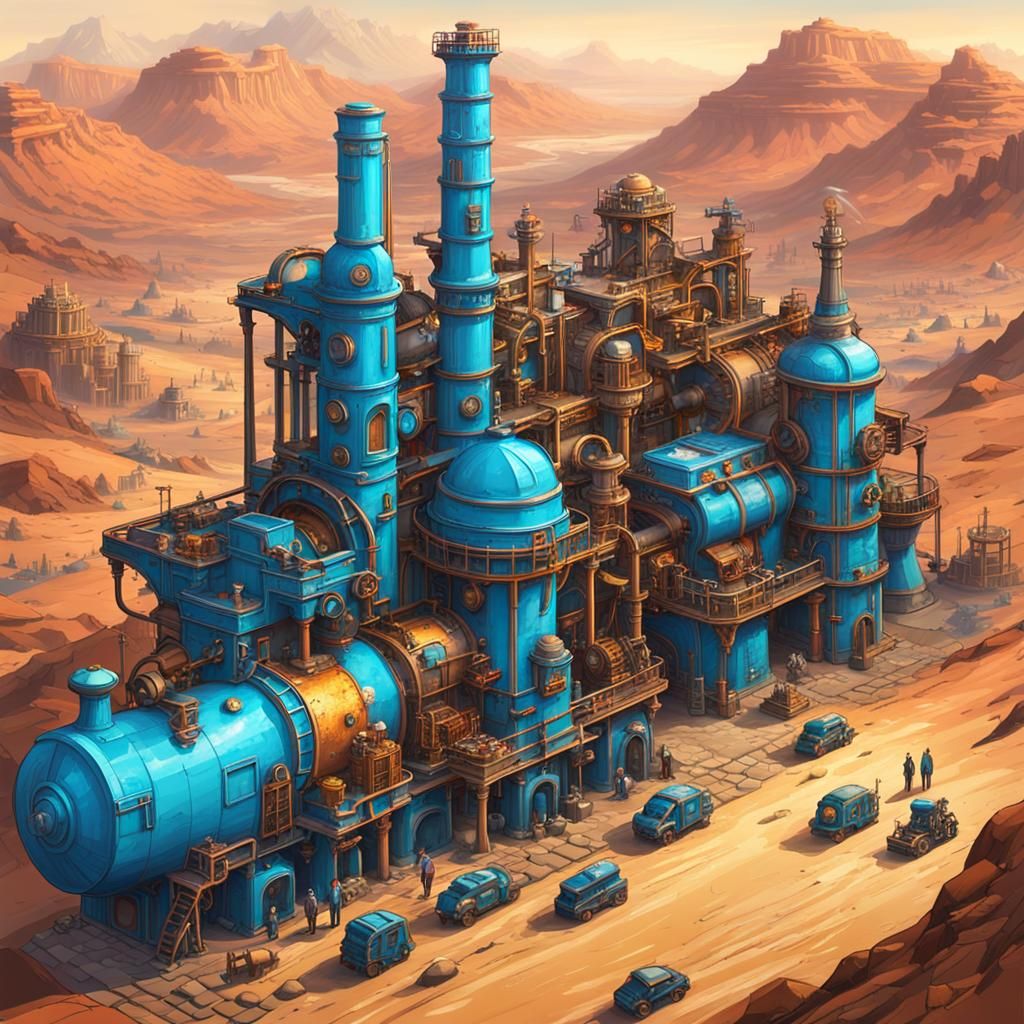 Steampunk Mining City in Desert with Blue Liquid