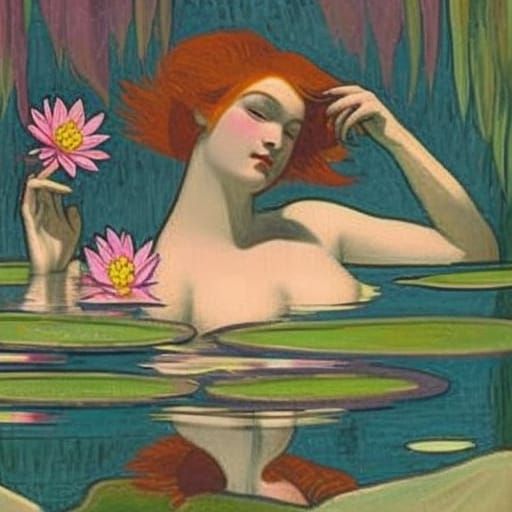 Art Nouveau Woman Emerges from Water Lilies