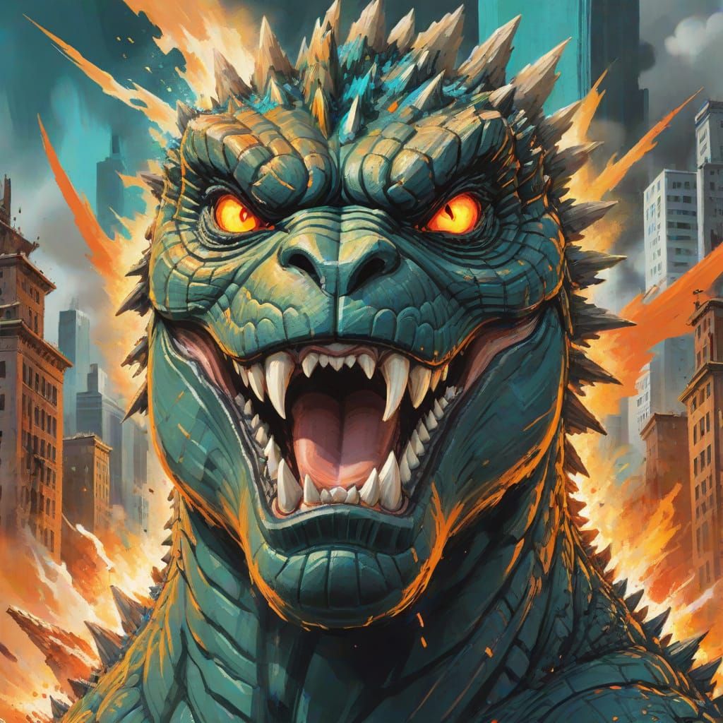 Godzilla City Rampage in Gouache Style