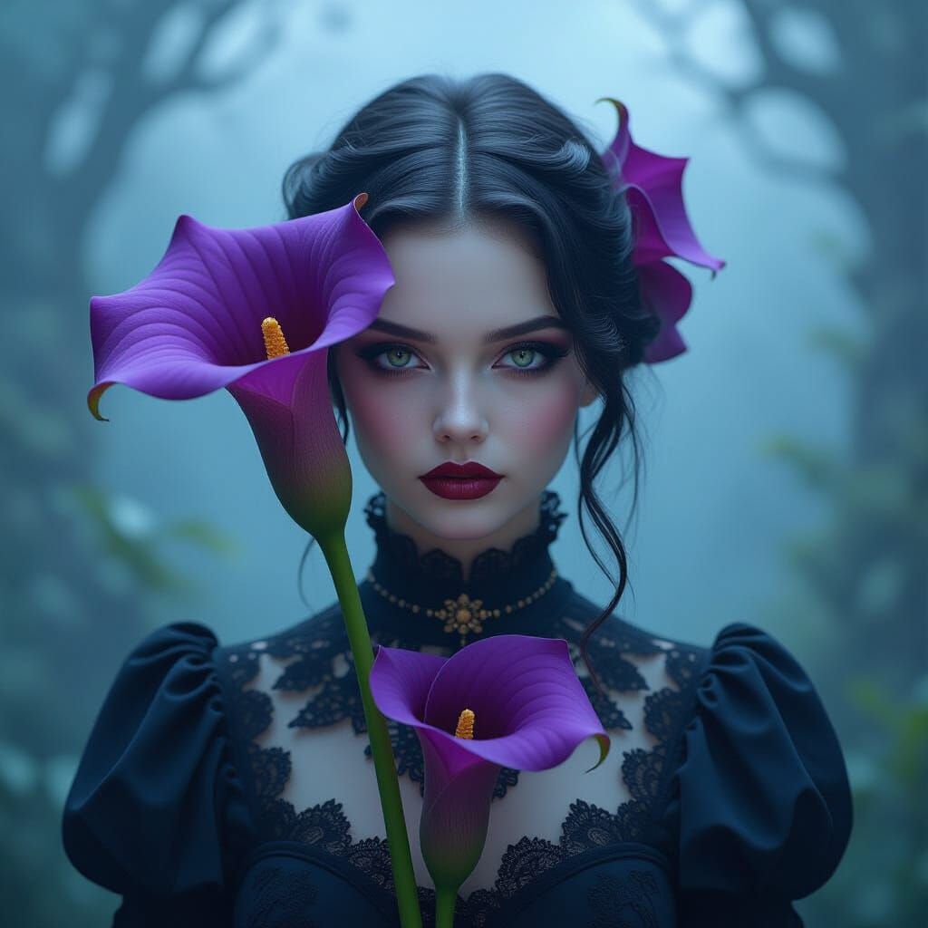 hyper-realism, double exposure, purple calla lily, goth girl, haunted vibe, surrealism