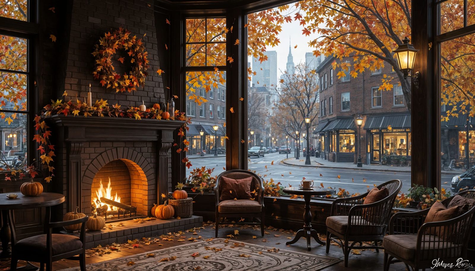Cozy Fall Coffeeshop With City View and Fireplace