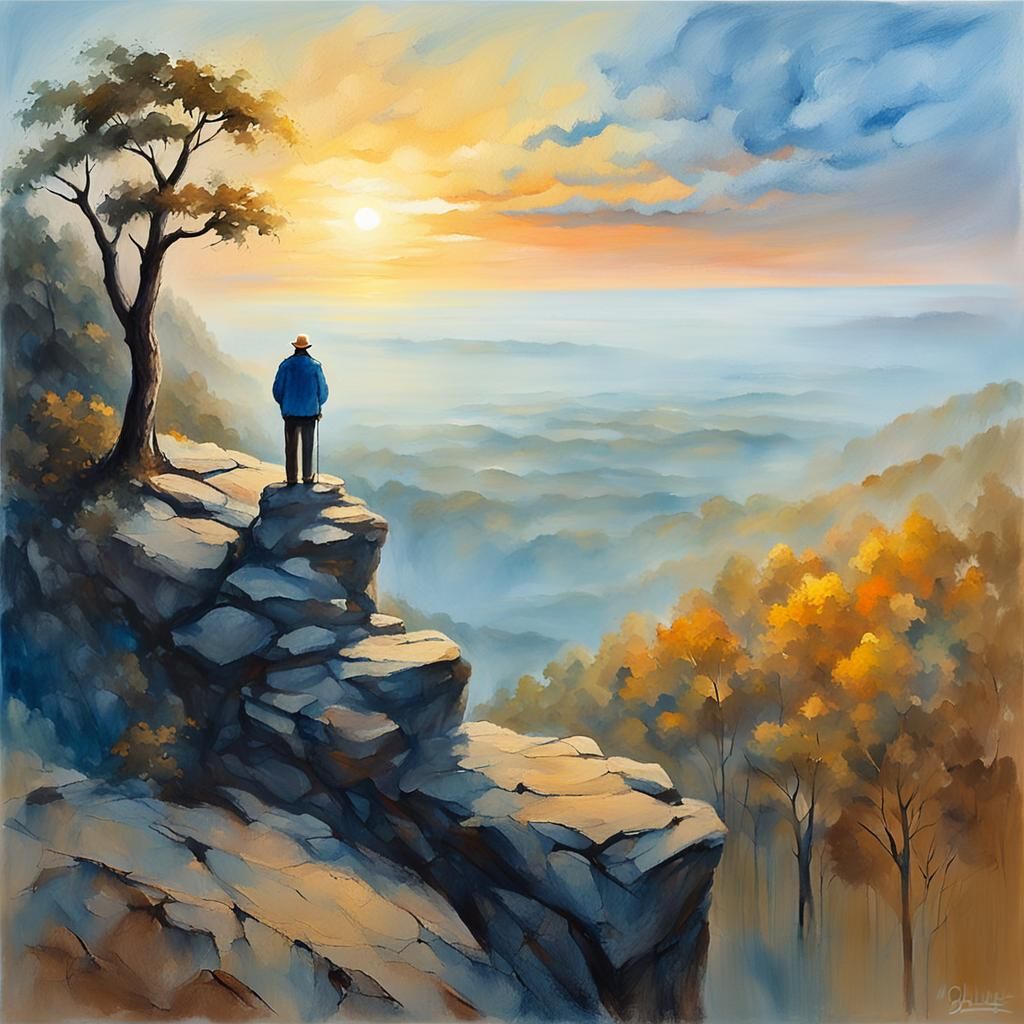 Ethereal Landscape Painting: Old Man Gazing Afar
