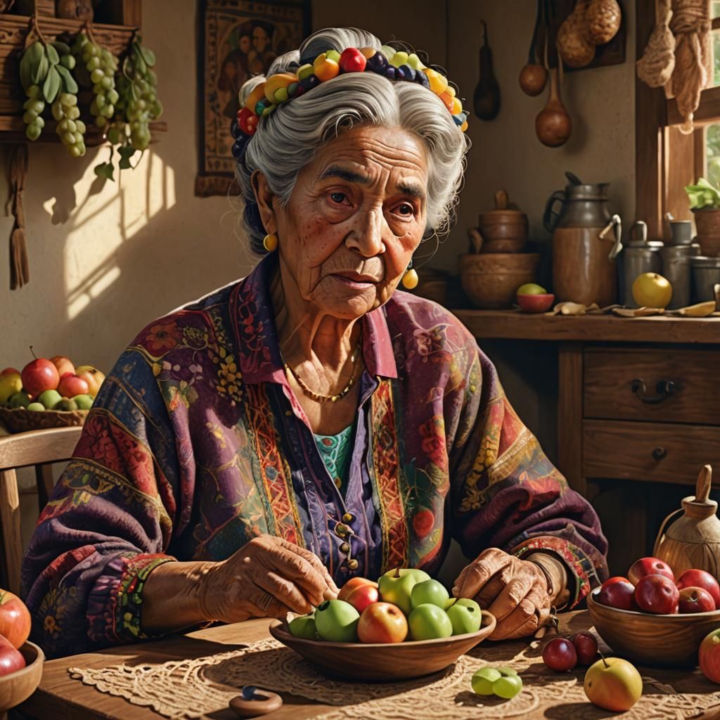 Hyperrealistic Portrait of Grandmother Weaving with Fruit