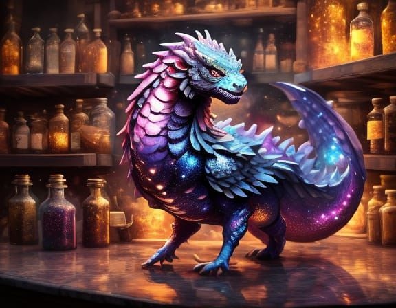 Baby Dragon Sleeps by Glowing Potion in Alchemist Cabinet
