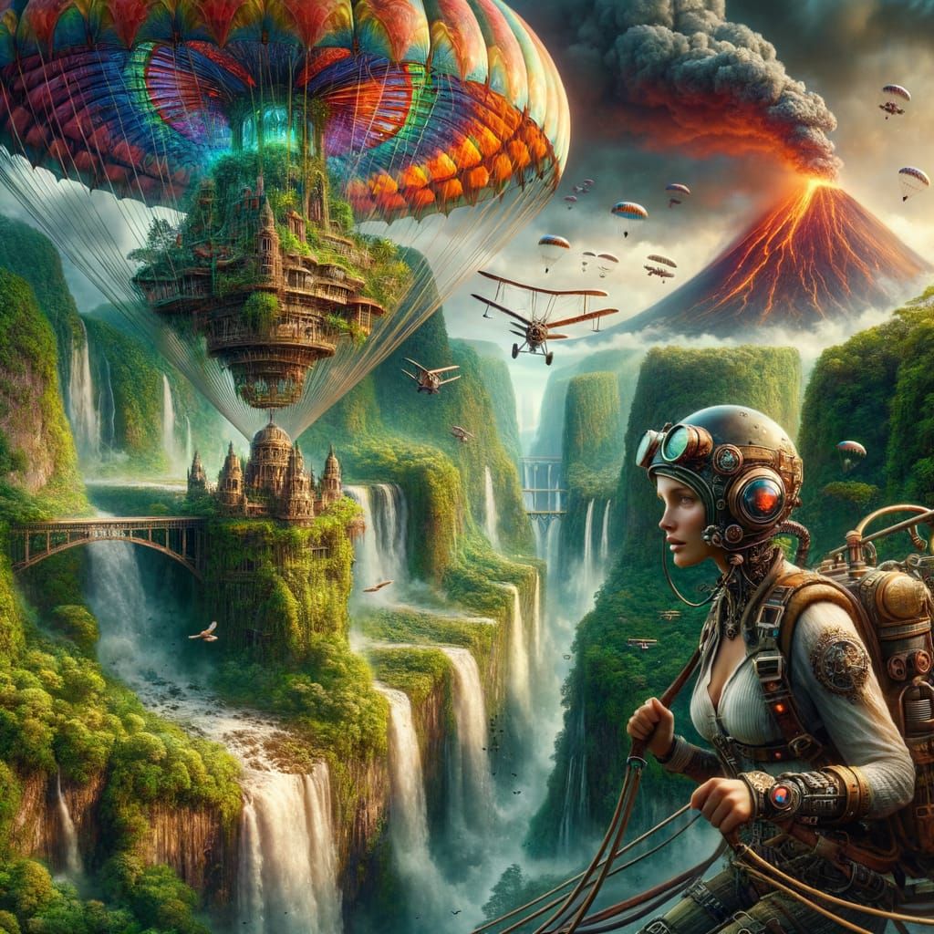 Steampunk Pilot Descends into Perilous Jungle Chasm