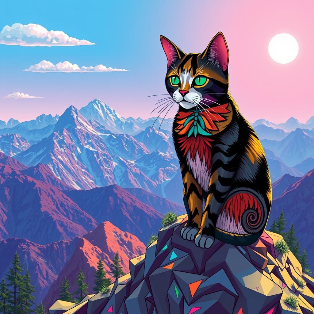 Futuristic Feline Ascends Colorful Mountainscape