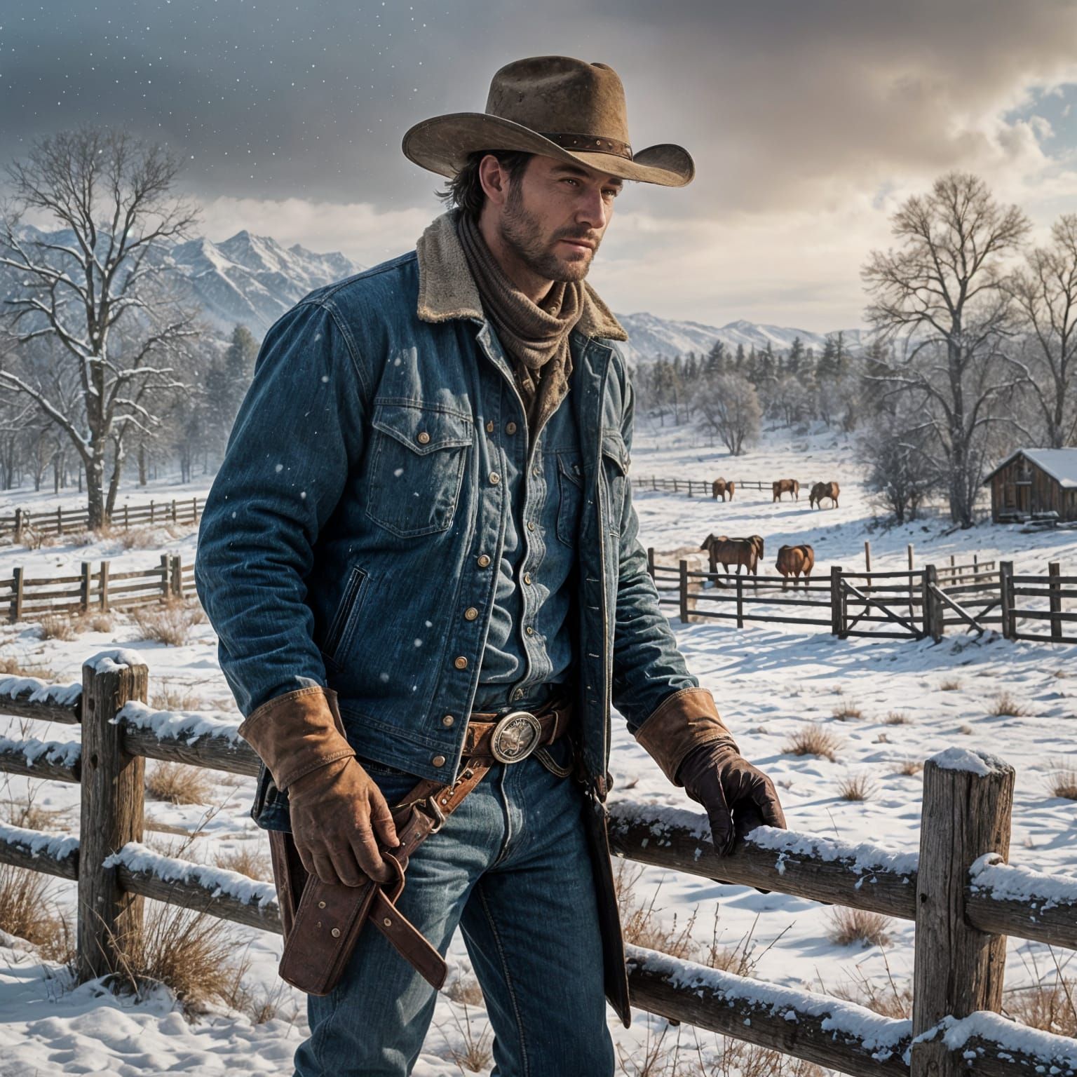 Cowboy in Snowy Landscape