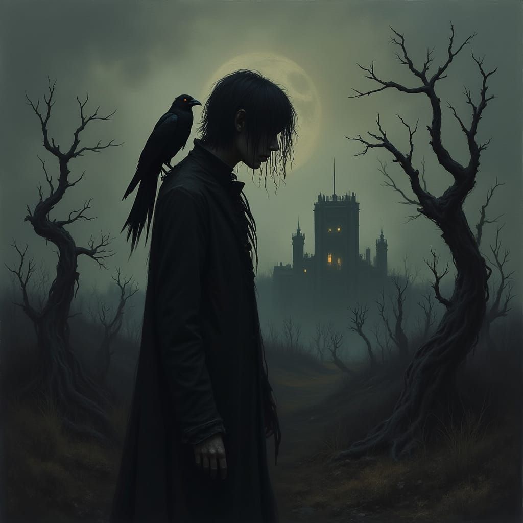 Desolate Figure Confronts Dark, Twisted Landscape