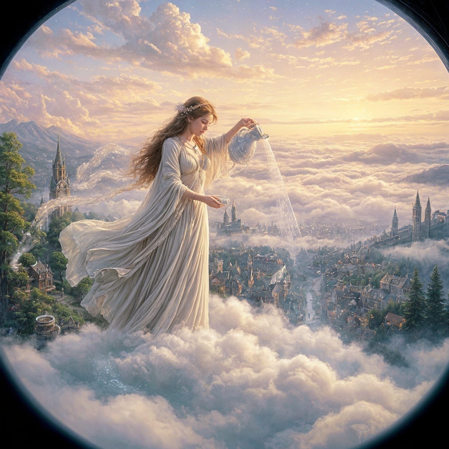 Goddess Pours Rain on City: Ethereal Fantasy