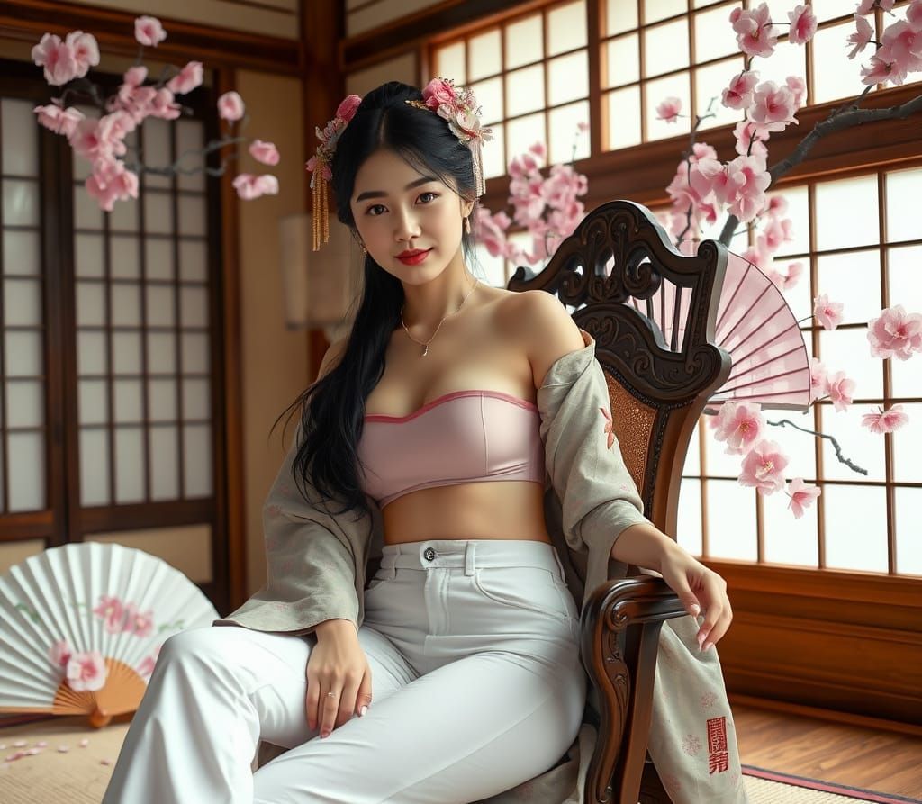 Geisha in Jeans with Cherry Blossoms