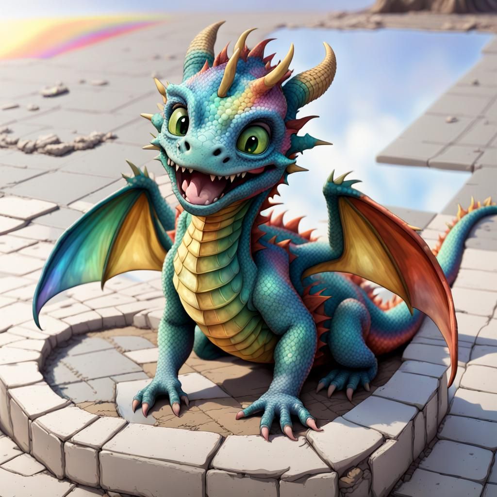 Rainbow Dragon Gazing from Skyscraper, Detailed Concept Art