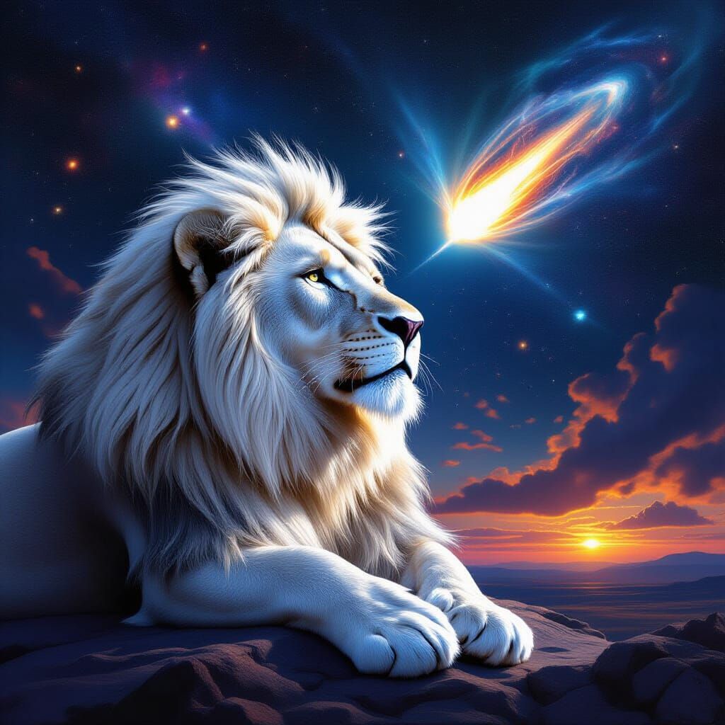 Cosmic Lion Illuminates Comet: Mixed Media Illustration