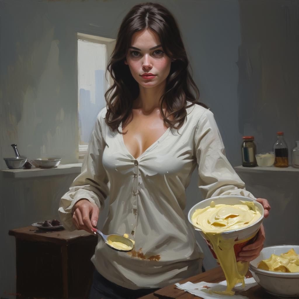 Brunette with Mayonnaise in Oil Painting Style