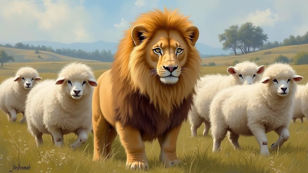 Young Lion Among Sheep in Impressionistic Style