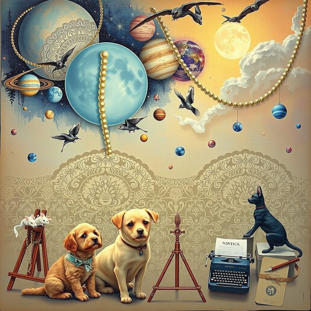 Whimsical Realism - Two Playful Puppies in a Fantastical Set...