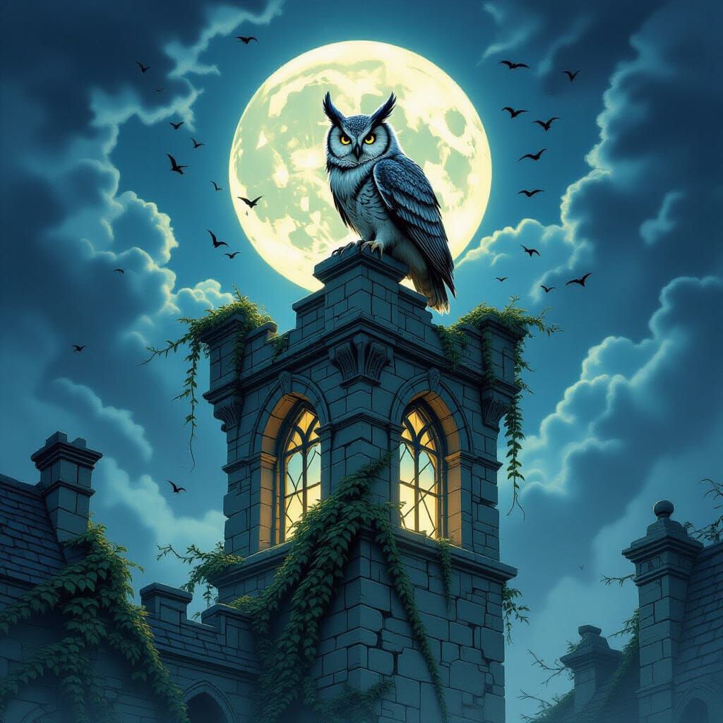 Mythical Owl-Serpent Guardian of Ancient Library Tower