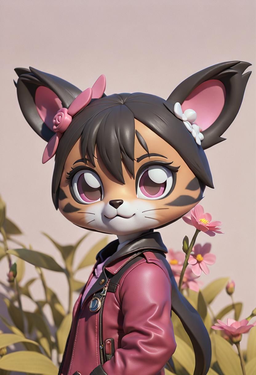 A small Anthropomorphic female tigress cub wear leather jacket and wear a pink shirt gown and wear a single flower scru...