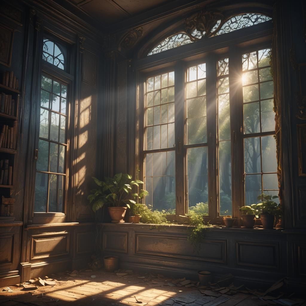 Sunlight Rays Illuminate Dark Room, Matte Painting