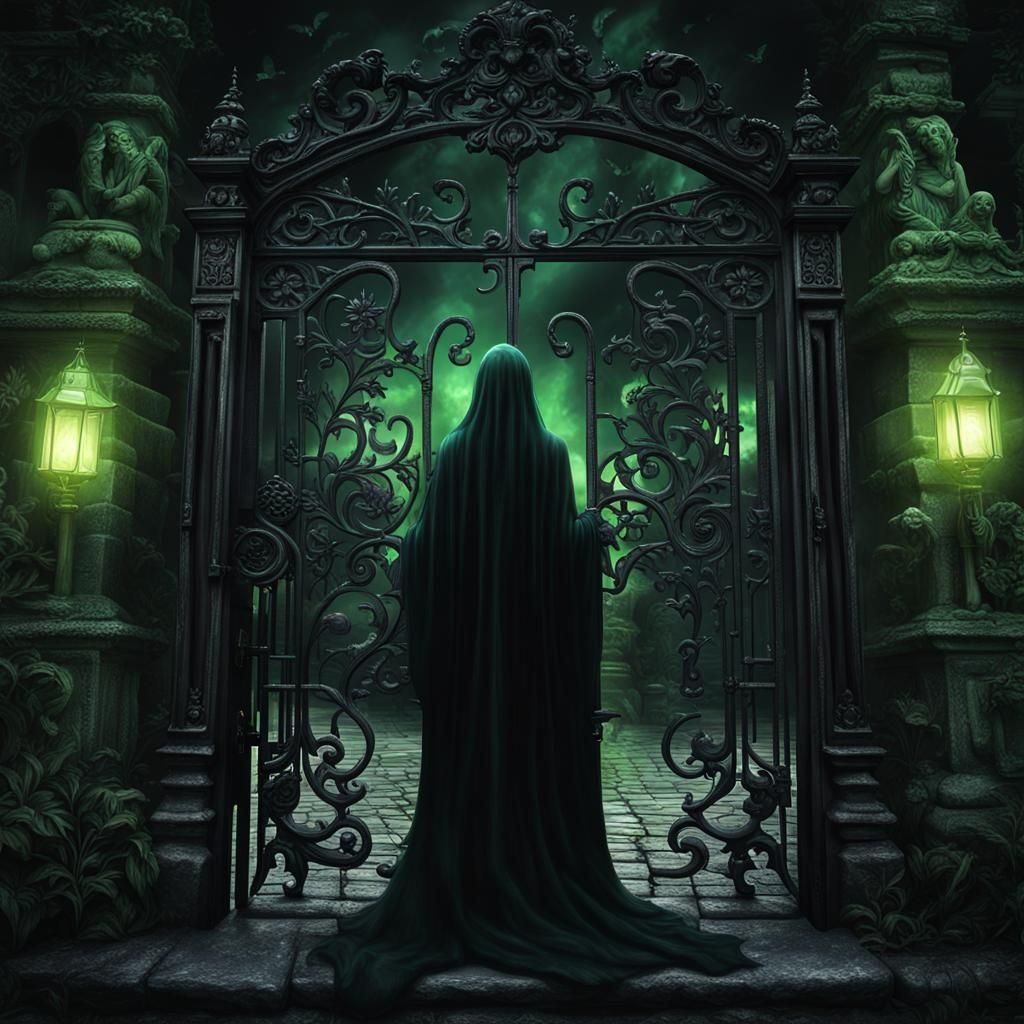 Goddess Hekate at Black Gates with Green Flame