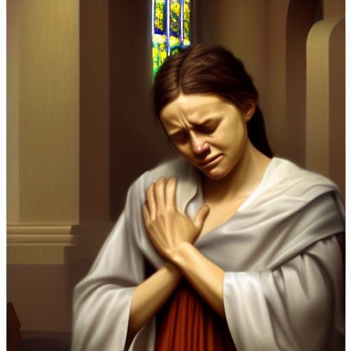 Woman Crying in Church: Detailed Matte Painting