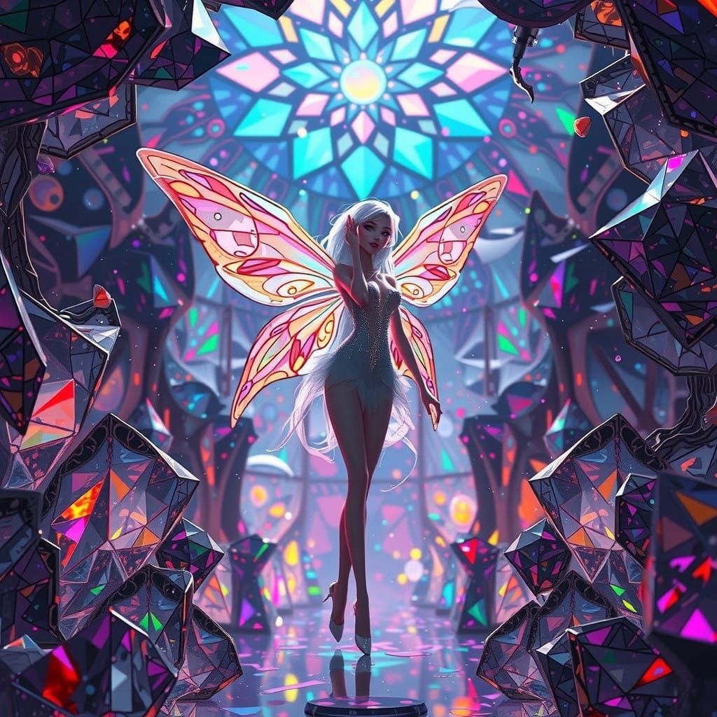 Ethereal Fairy in a Kaleidoscopic Stained Glass Realm
