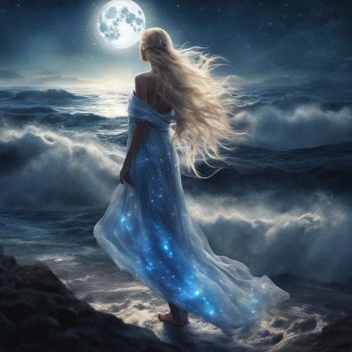 Woman in Starlight Gown Gazing at Moonlit Waves