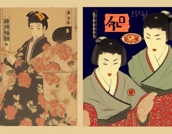 "Taisho era lesbian pulp fiction collage cover". 16k resolution, inspired by artists Goyo Hashiguchi and Takabatake Kash...