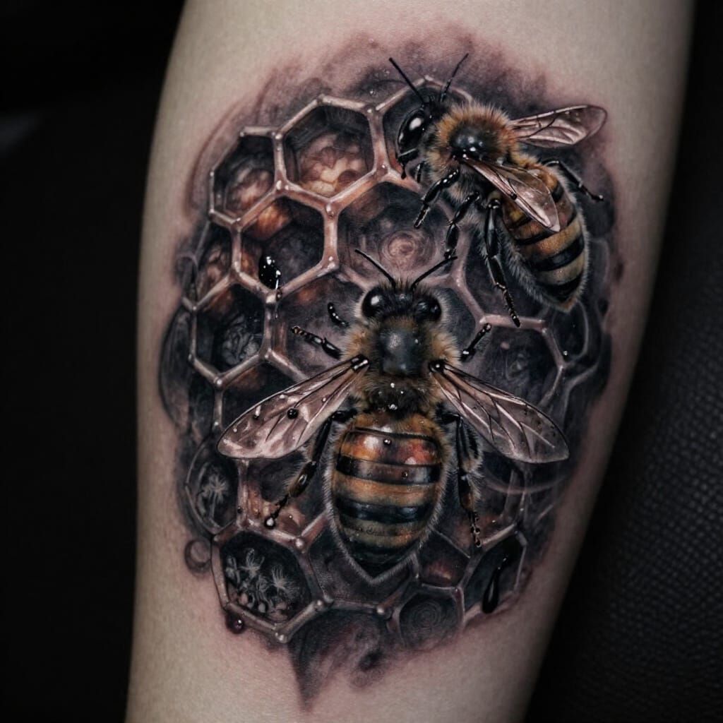 Gothic Bee Honeycomb Tattoo Design in Dark Realistic Style