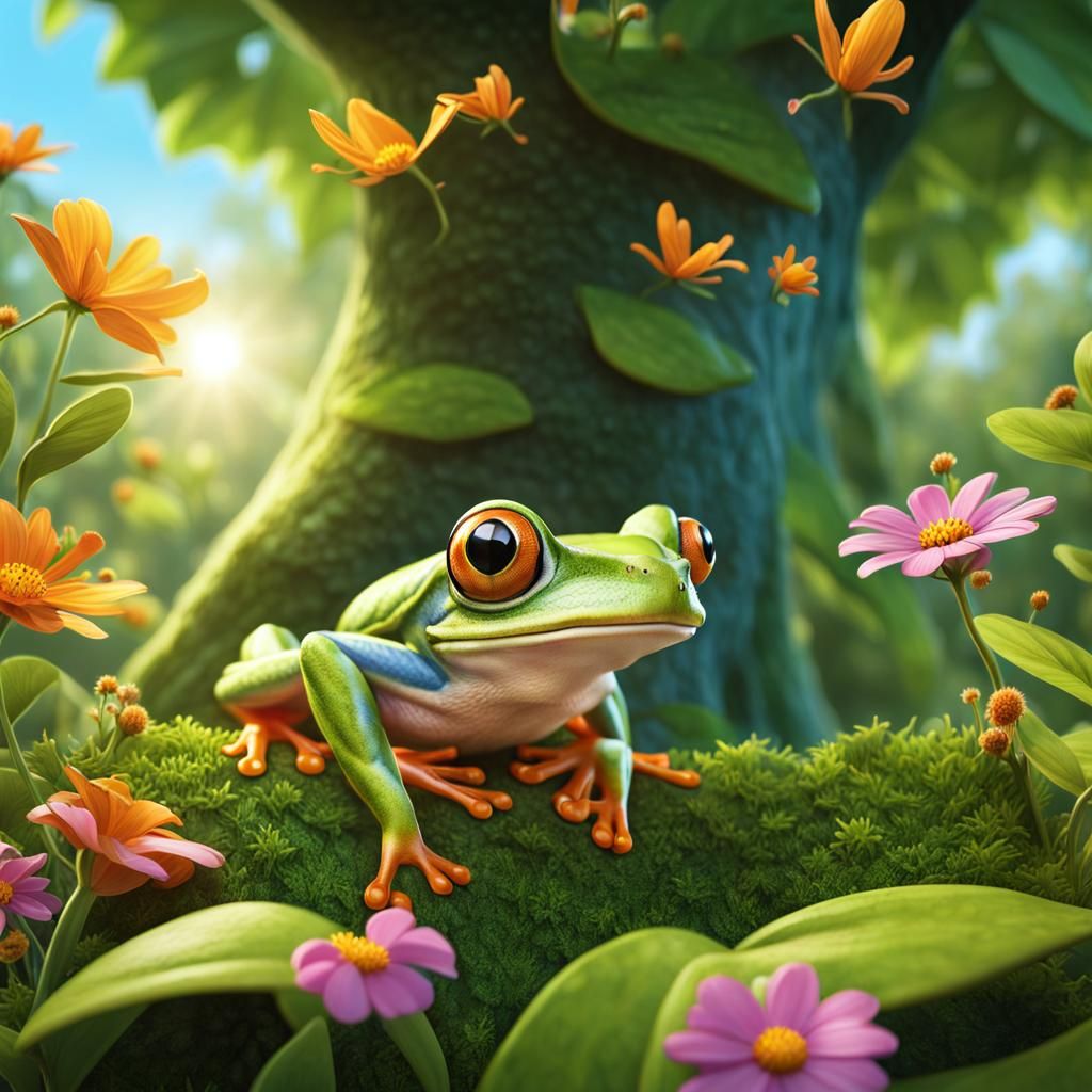 Cartoon Tree Frog in Sunny Forest: Hyper-Realistic Illustrat...