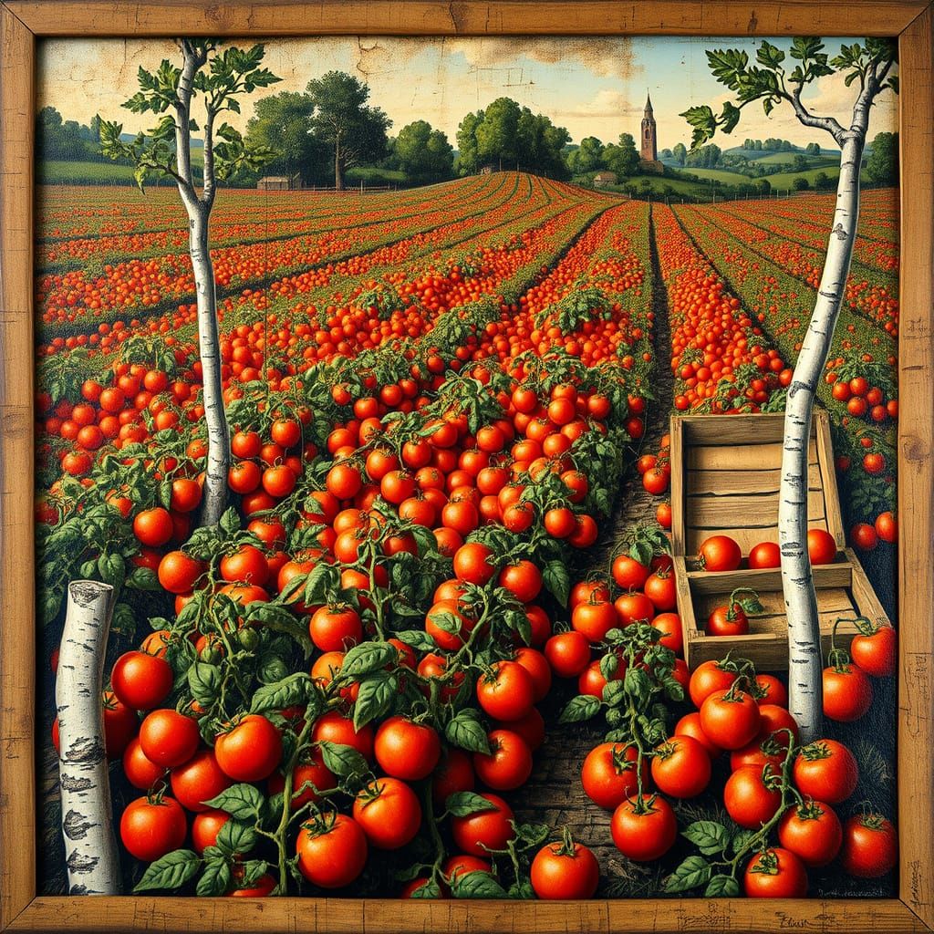 1500s Tudor Oil Painting of Vibrant Tomato Field