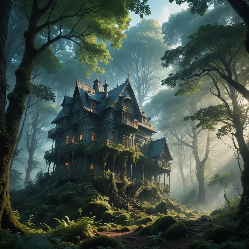 Mechový Domek Hidden in Dense Forest: Digital Art