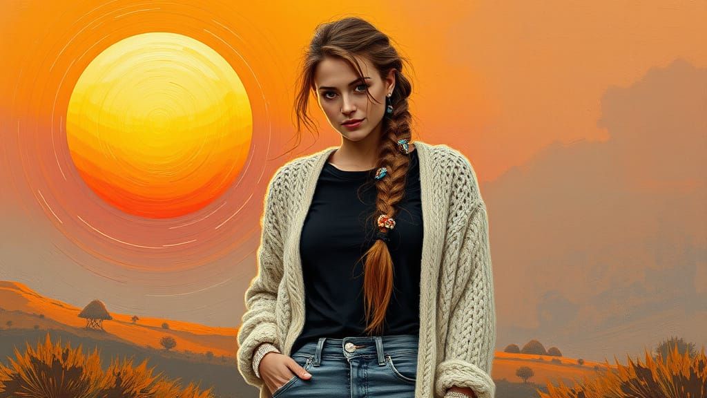 Woman Under Binary Sunset in Impasto Style