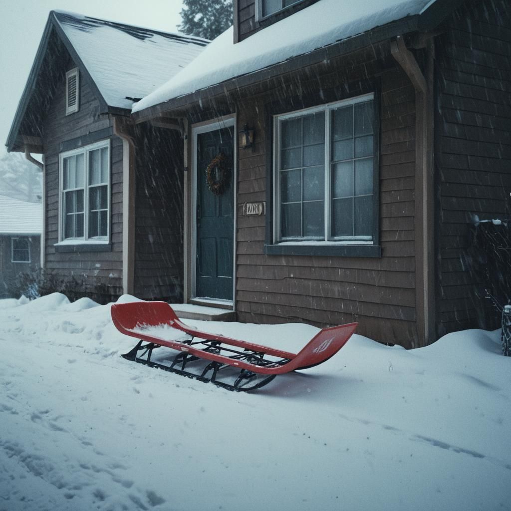 Winter Blizzard: Sled Against House, Cinematic Still