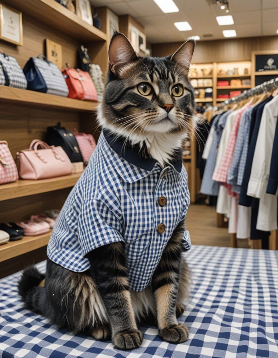 Whimsical Gingham Cat in a Chic Fashion Store