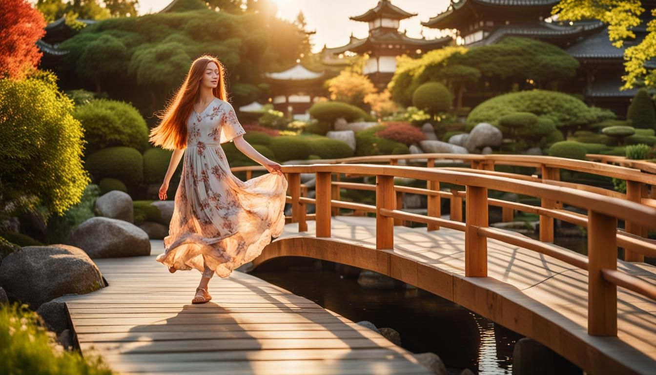 Girl Dances in Japanese Garden at Golden Hour