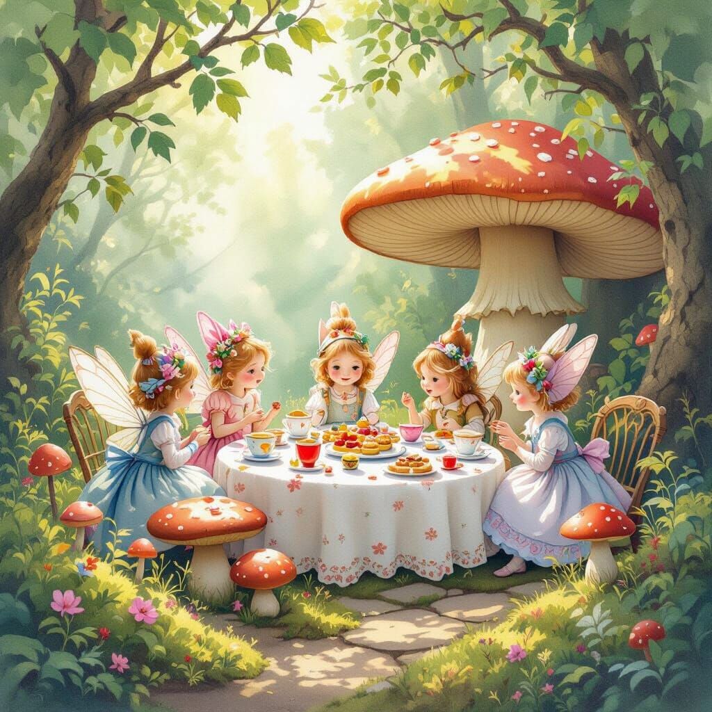 Enchanted Fairy Tea Party in Watercolor Style