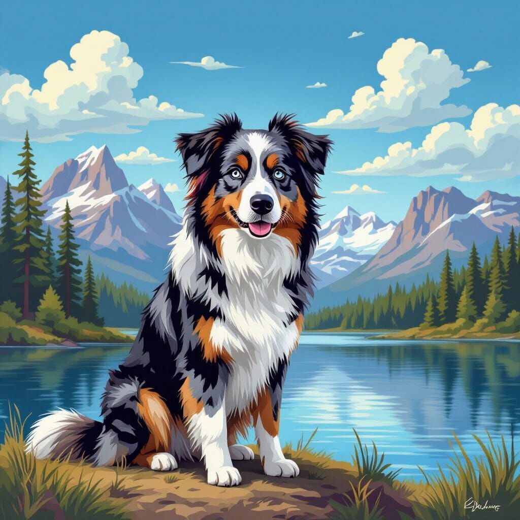 Australian Shepherd at Lake, Vibrant Rustic Style