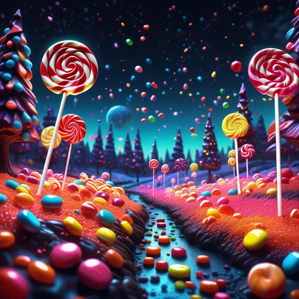 Fluorescent Candy Landscape at Night: Digital Illustration
