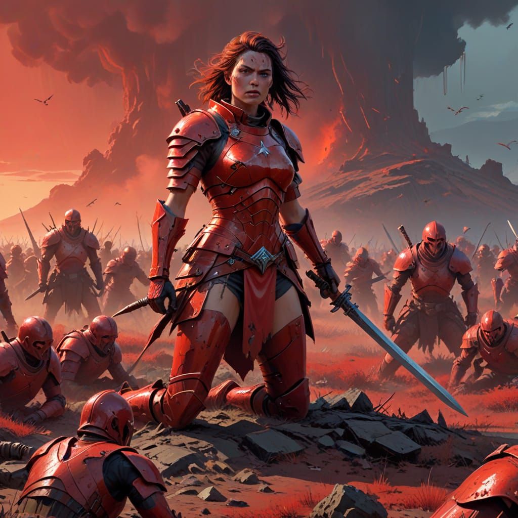 Scarlet Vanguard Soldier Rallies Troops on Battlefield