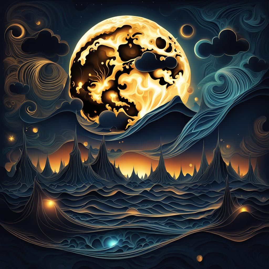 Triple Moon Cauldron Night Sky in Fractal Style