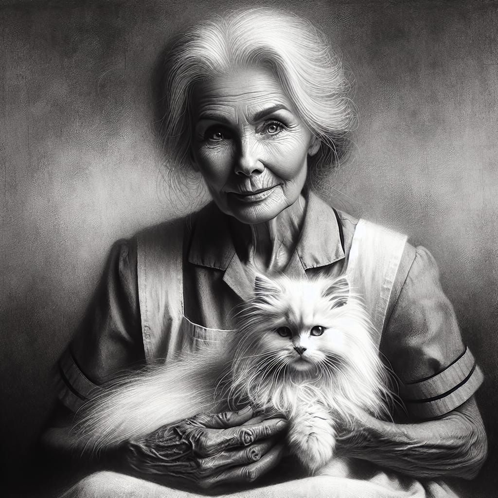 Aged Gentlewoman and Her Fluffy White Kitten in Soft Focus