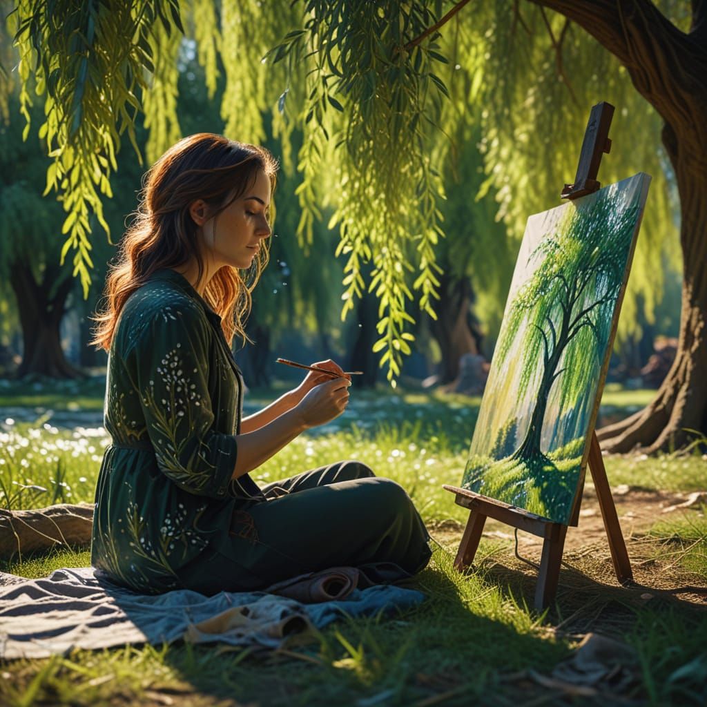 Woman Painting Under Willow Tree in Dappled Sunlight