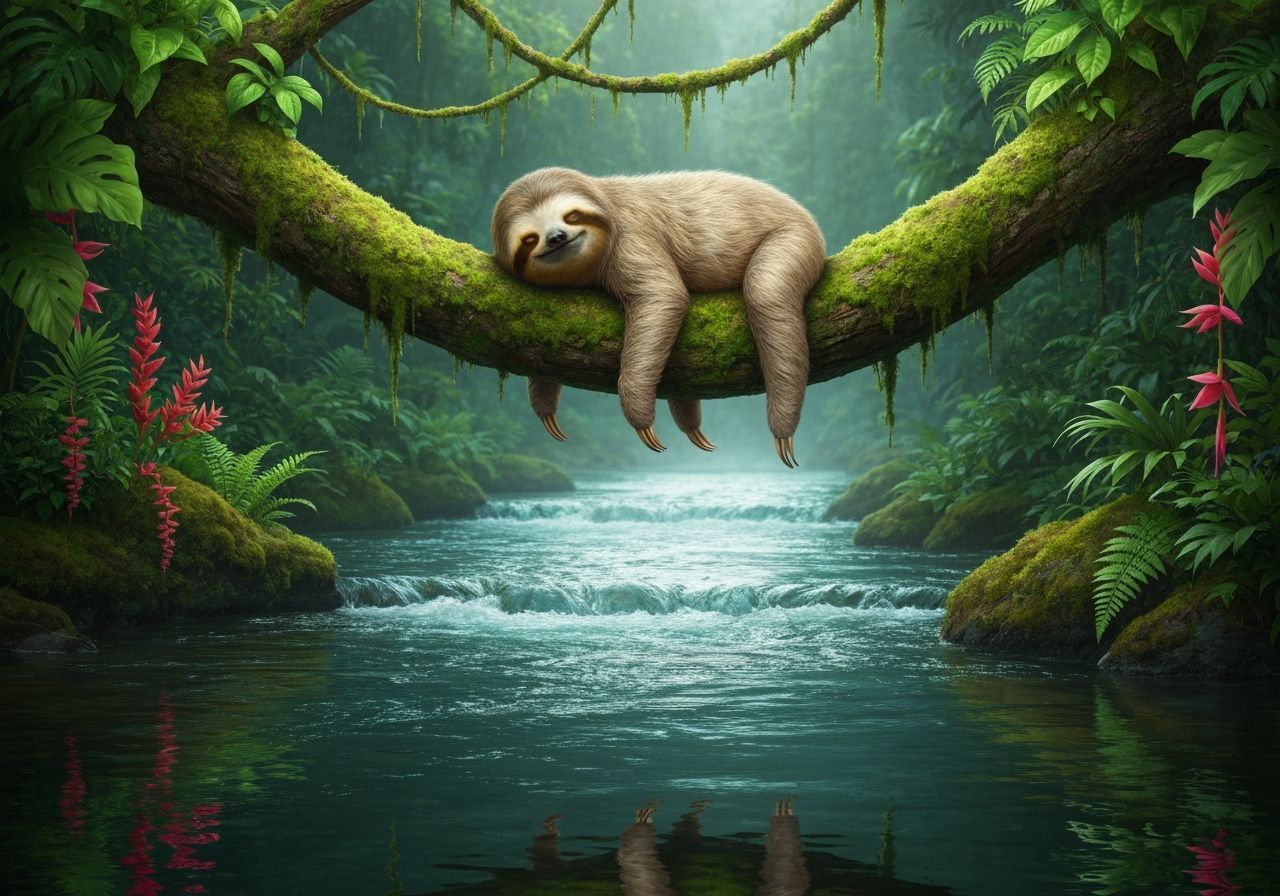 Adorable Sloth Sleeps on Mossy Branch Over River
